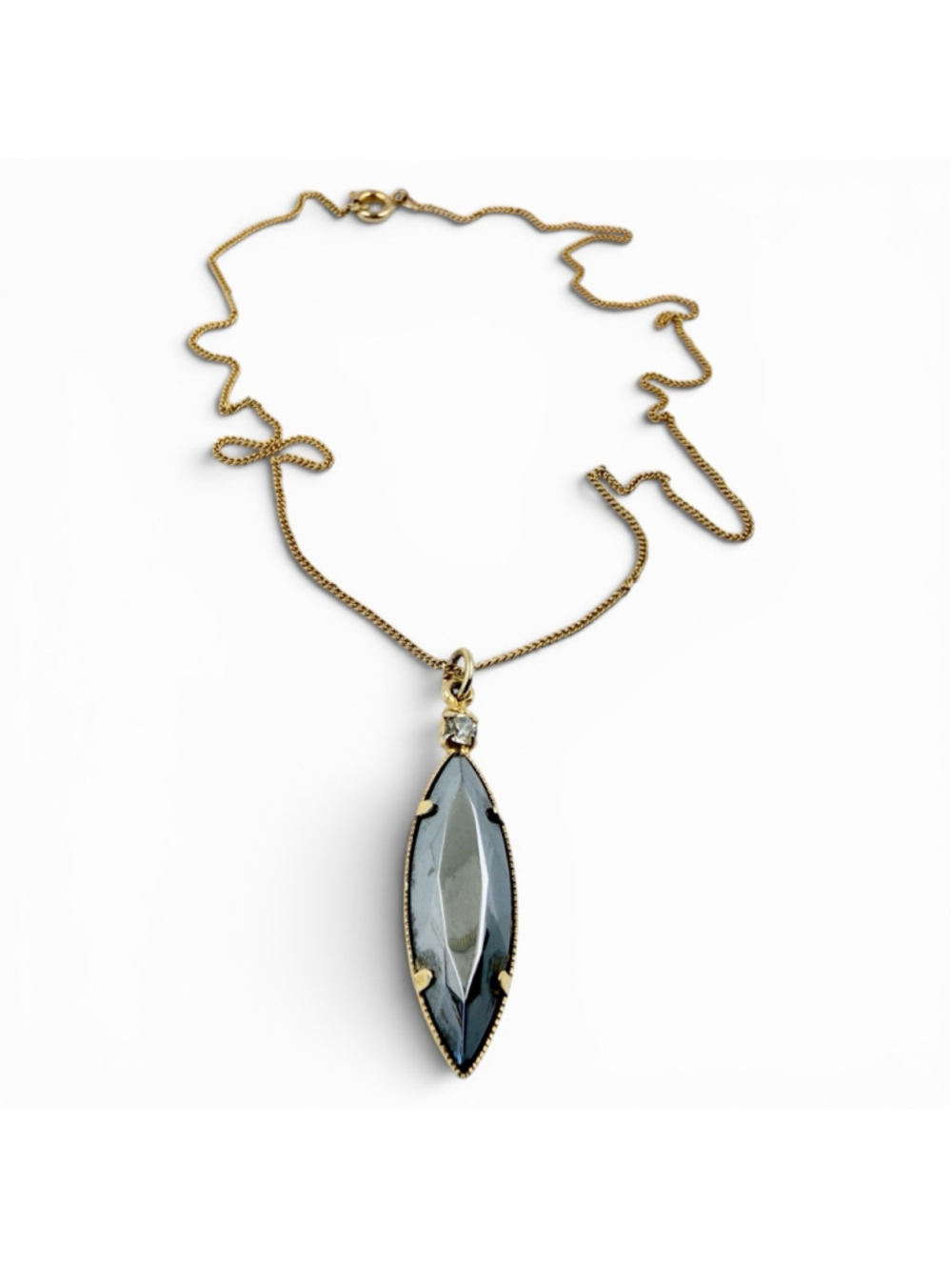 Vintage Alaska Black Diamond Pendant Necklace Gray Marquise Glass Rhinestone